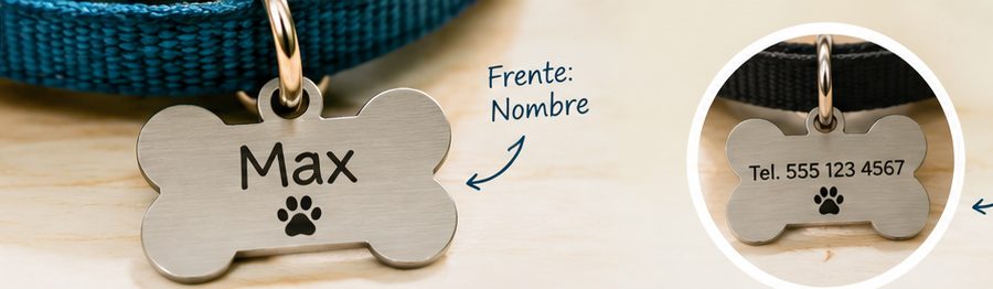 Placa Identifica: nombre al frente y teléfono atrás