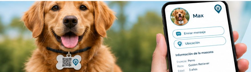 Perro con placa QR y su perfil en el celular